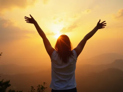 Woman Standing With Arms Raised At Sunset