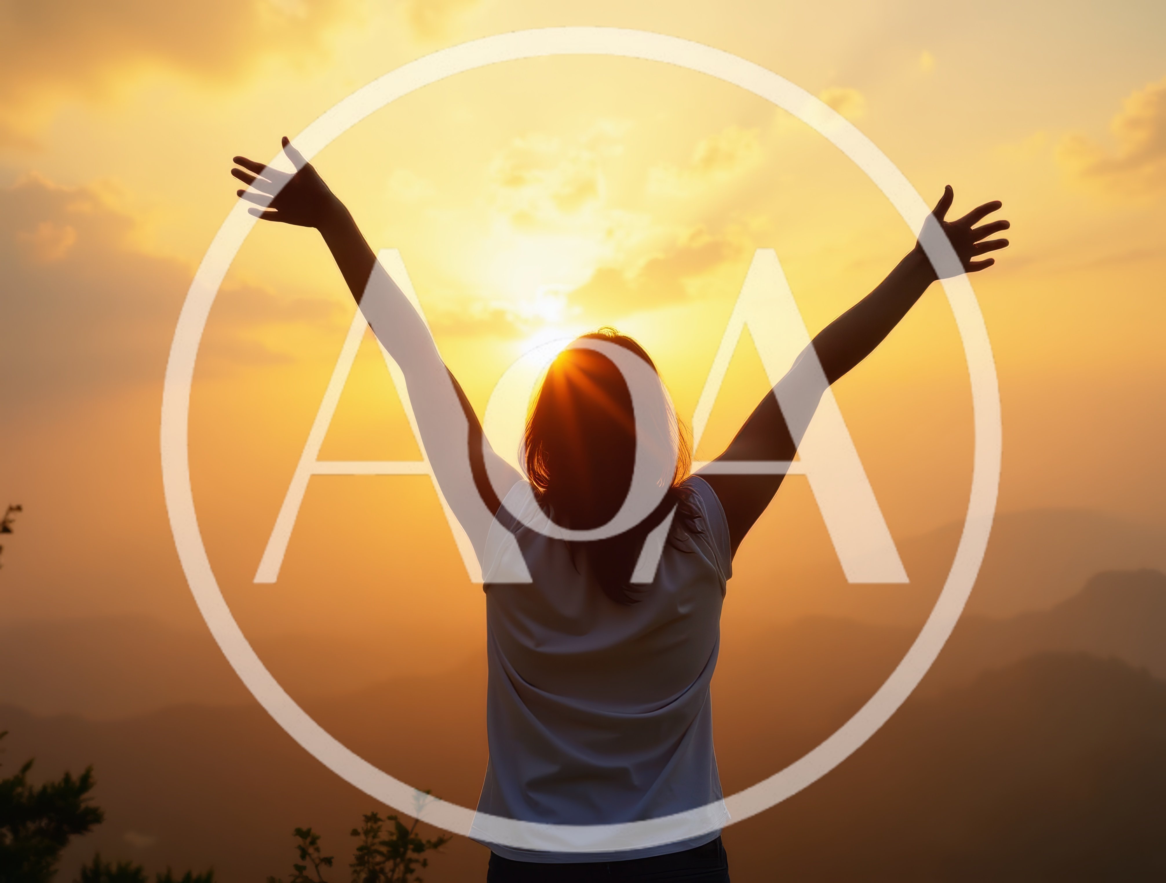 Woman Standing With Arms Raised At Sunset