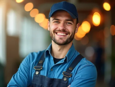 Smiling Young Man Wearing Blue Work Uniform And Cap