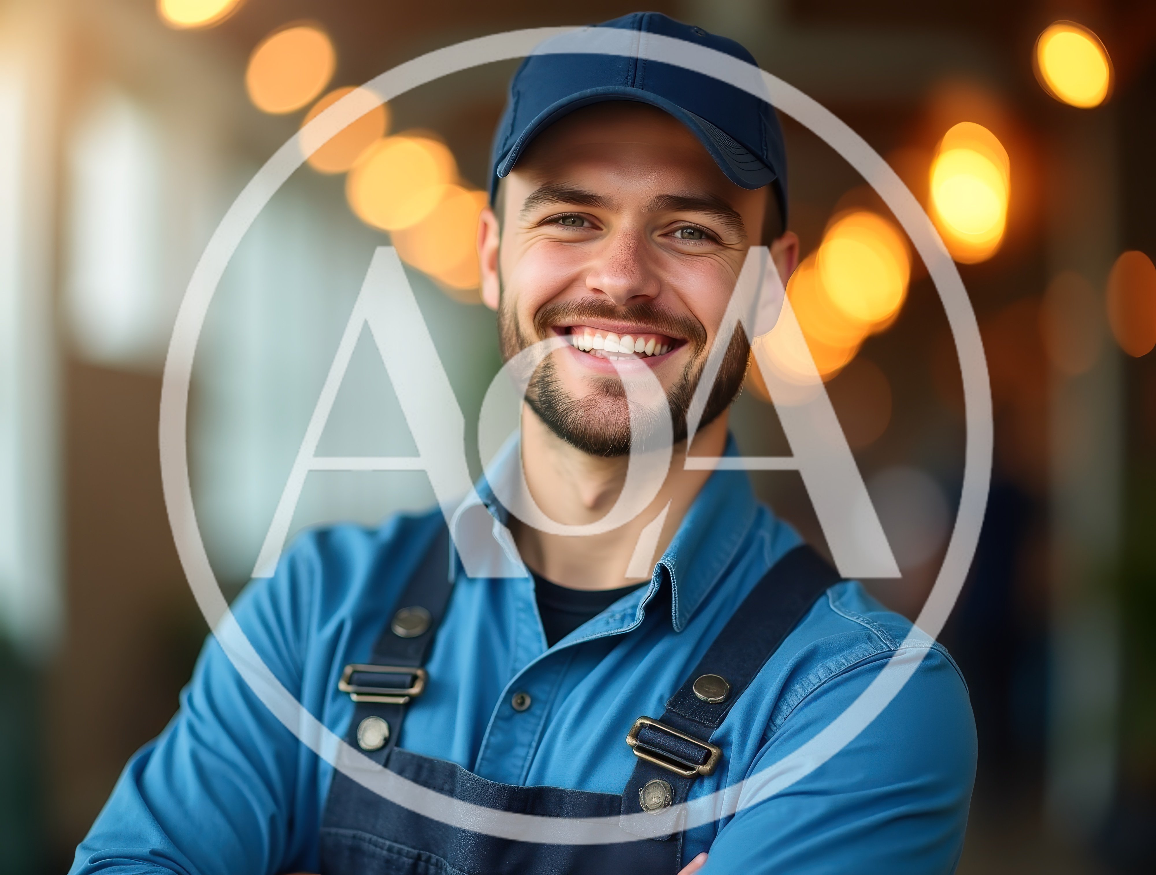 Smiling Young Man Wearing Blue Work Uniform And Cap