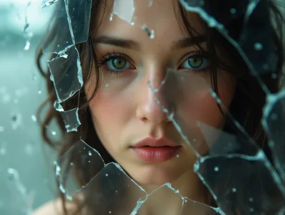 Portrait Of A Young Woman Behind Shattered Glass