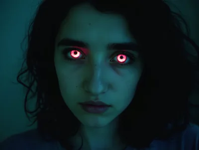 Portrait Of A Young Woman With Glowing Red Eyes