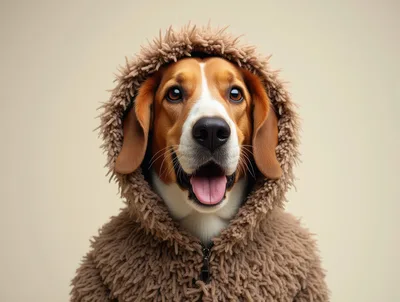 Portrait Of A Beagle Dog Wearing A Fuzzy Hoodie