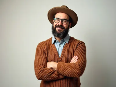 Smiling Man With Beard Wearing Fedora And Cardigan