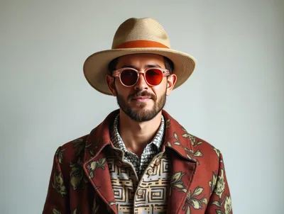 Stylish Man Wearing Fedora and Floral Patterned Jacket