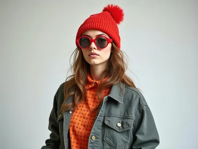 Stylish Young Woman Wearing Red Beanie and Sunglasses
