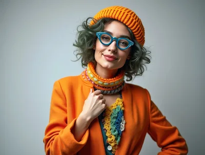Stylish Woman Wearing Orange Beanie And Blue Glasses