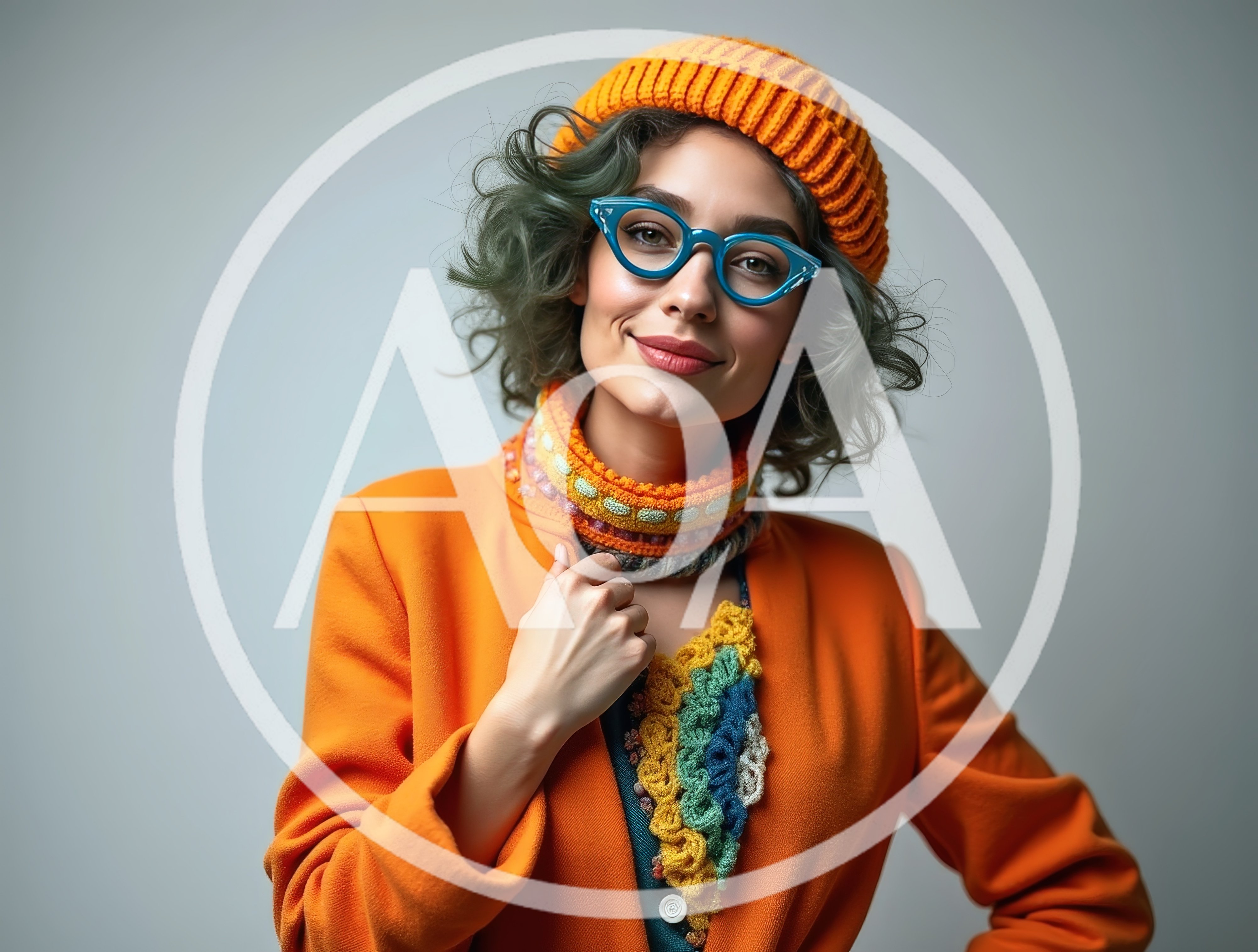Stylish Woman Wearing Orange Beanie And Blue Glasses