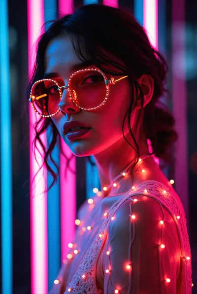 Portrait Of A Woman Wearing Glowing Neon Glasses