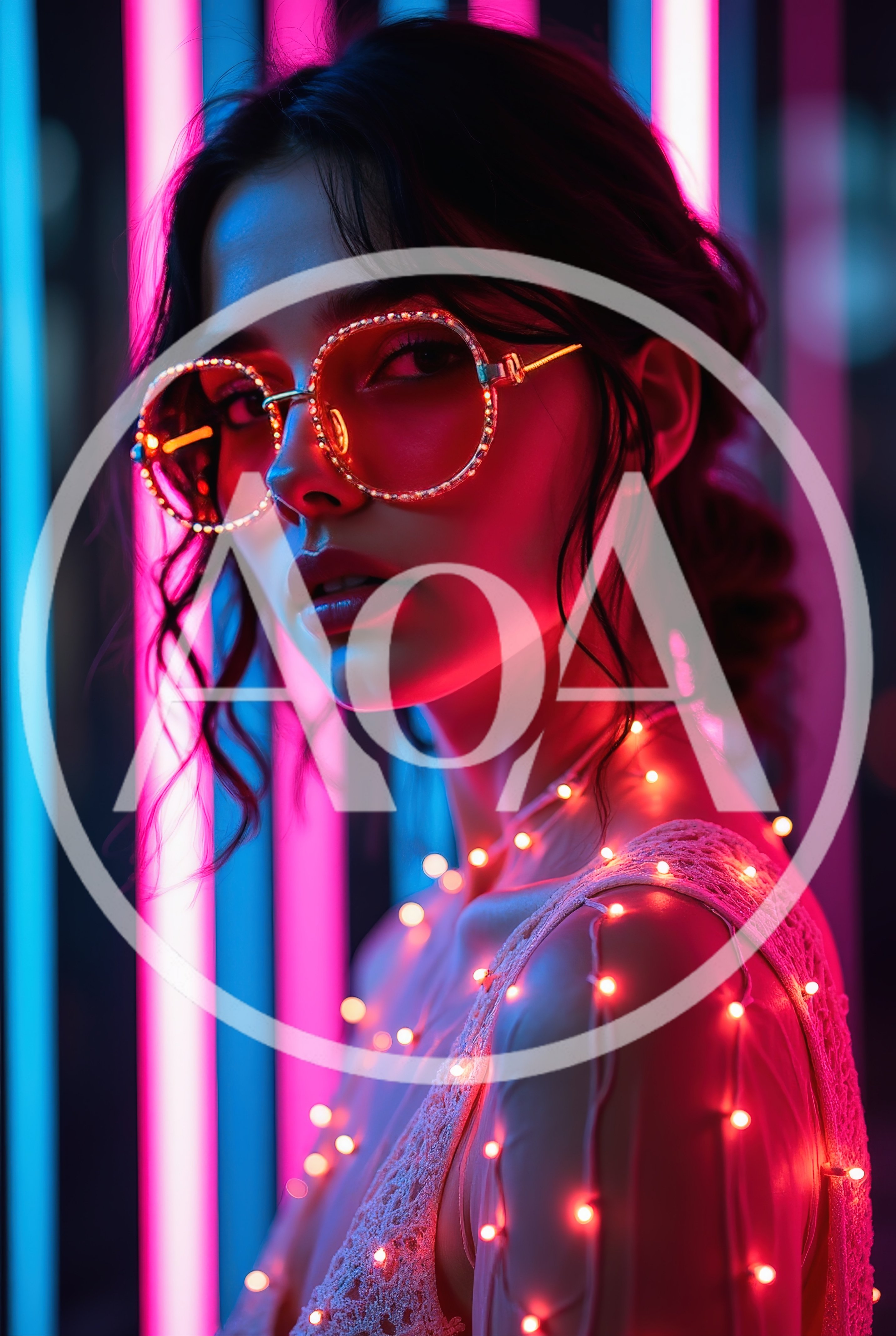 Portrait Of A Woman Wearing Glowing Neon Glasses