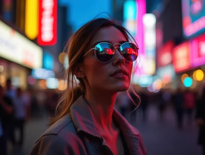 Stylish Woman Wearing Sunglasses In Neon Lit City