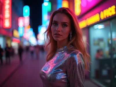 Young Woman In Metallic Dress Walking Through Neon City