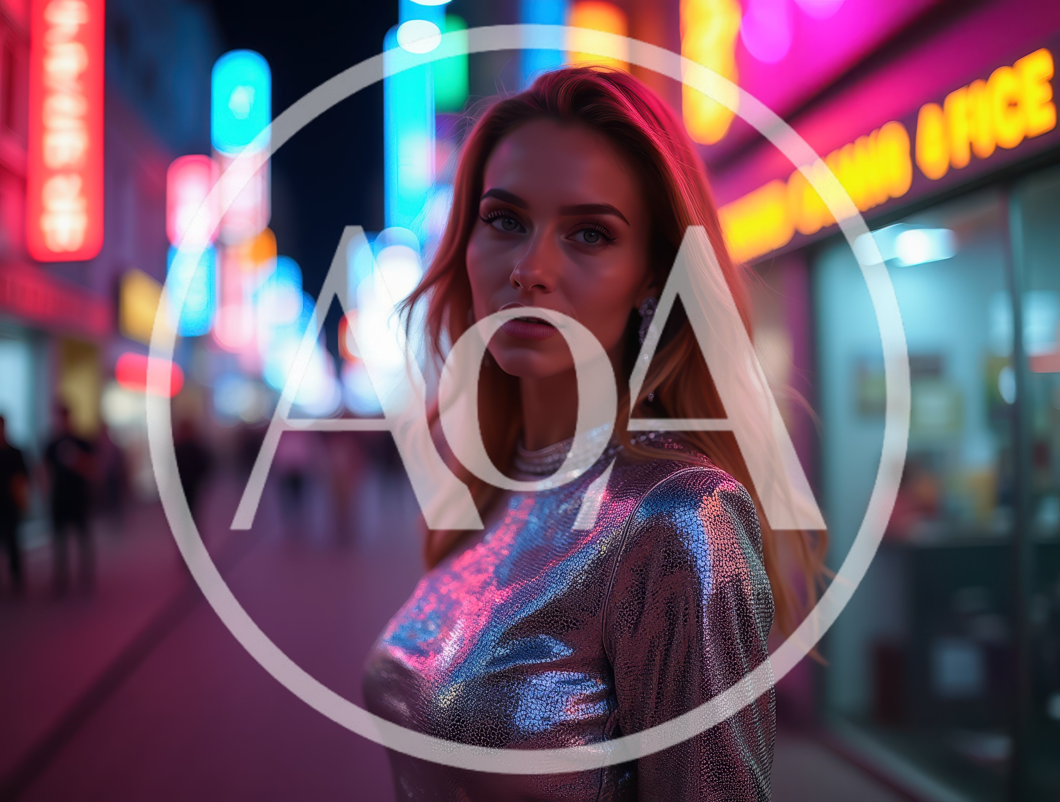 Young Woman In Metallic Dress Walking Through Neon City