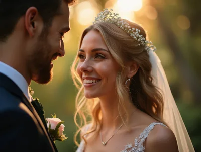 Romantic Newlywed Couple Gazing Lovingly At Sunset