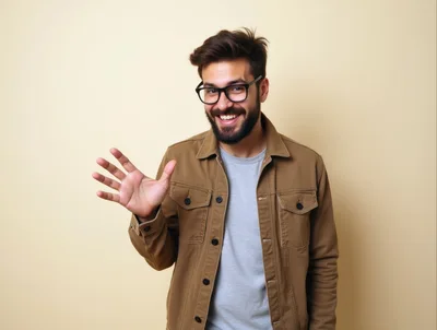 Young Man Waving Hello Against A Neutral Background