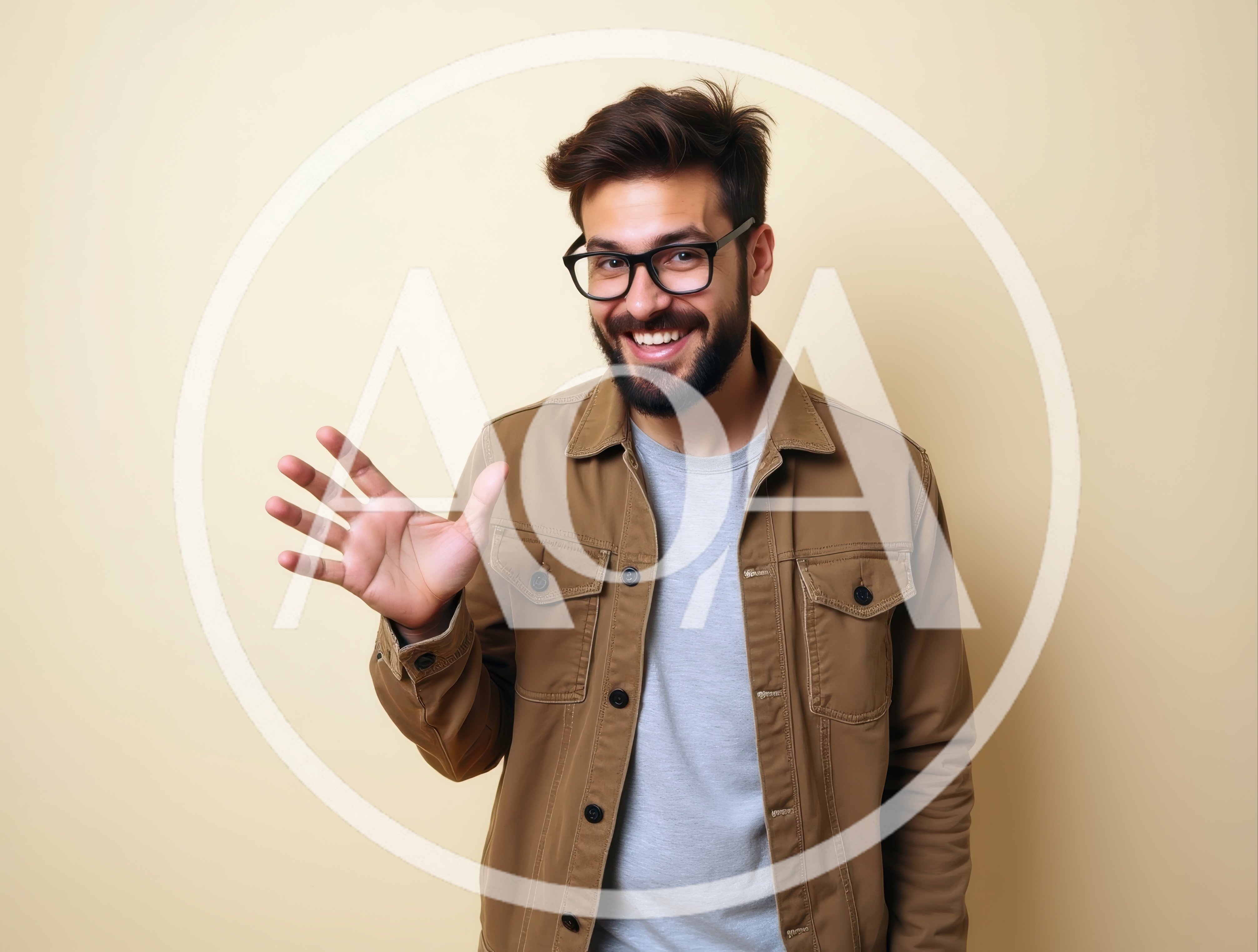 Young Man Waving Hello Against A Neutral Background