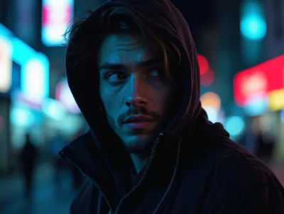 Young Man In Hoodie Looking Away In Neon City