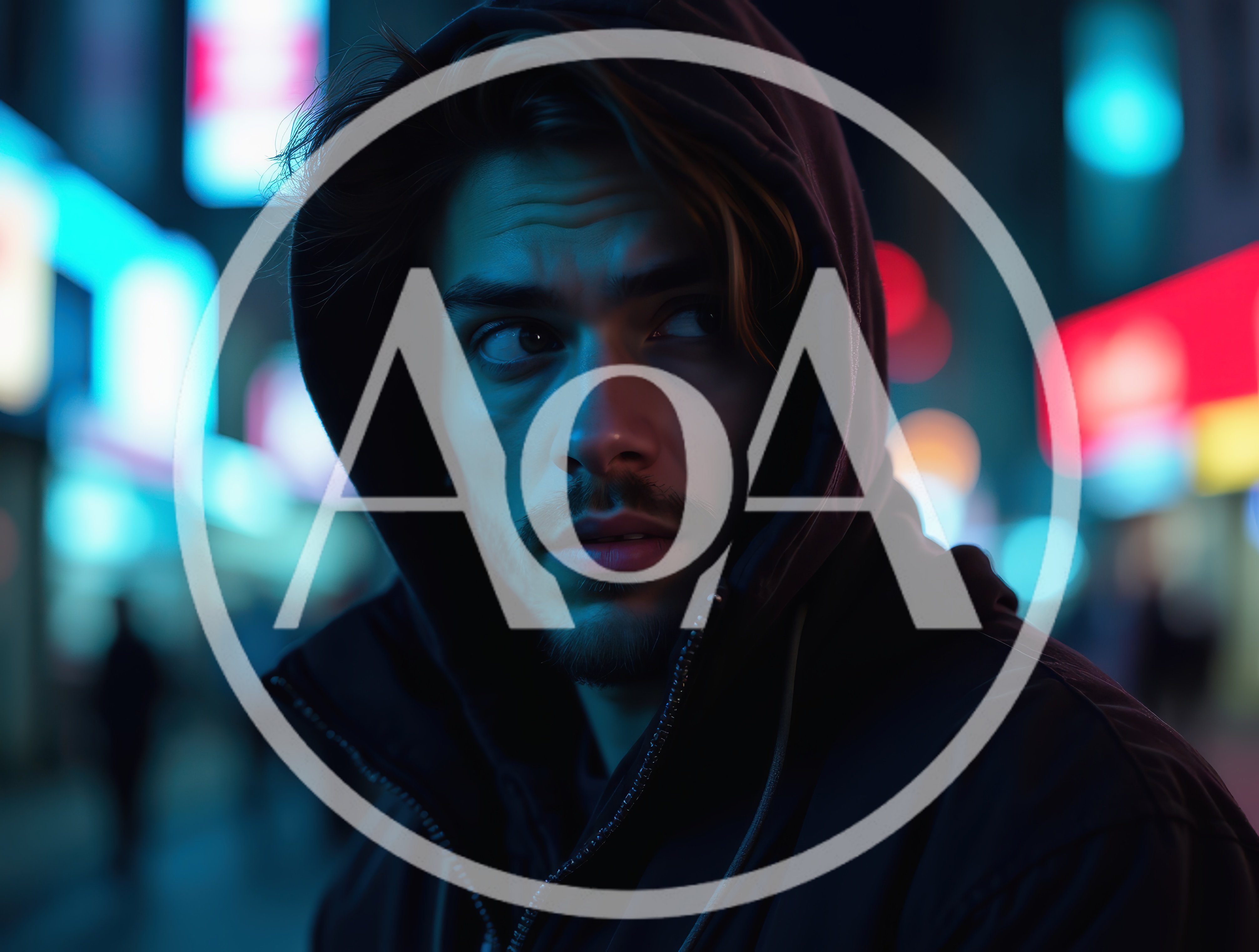Young Man In Hoodie Looking Away In Neon City