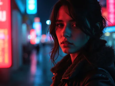 Young Woman Standing In Neon Lit City Street