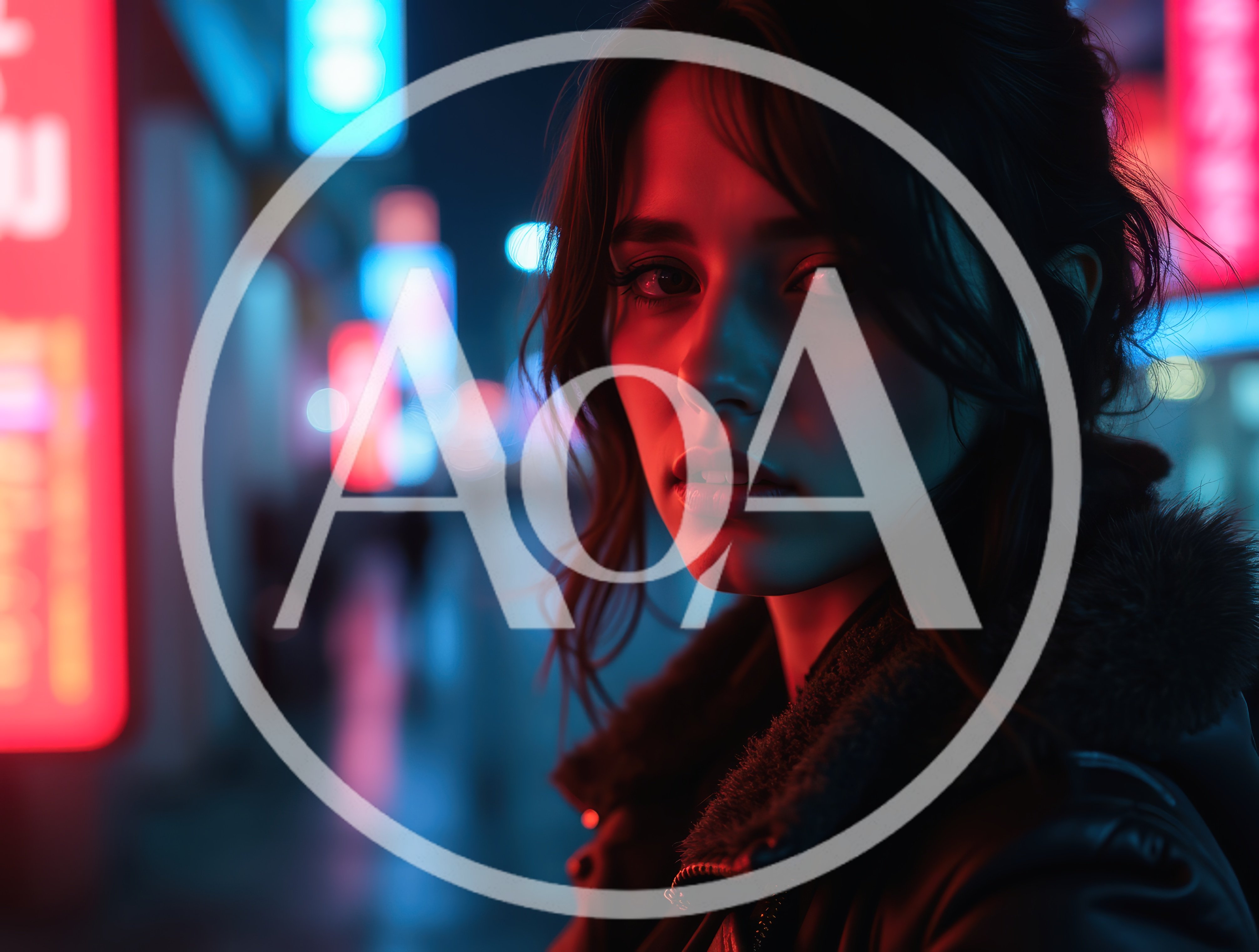Young Woman Standing In Neon Lit City Street