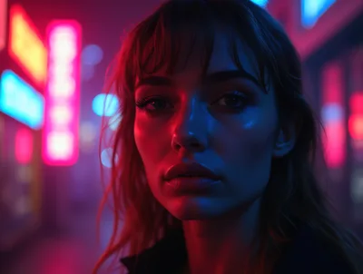 Portrait Of A Young Woman In Neon City Lights