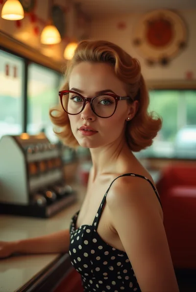 Young Woman With Vintage Hairstyle Sitting In A Diner