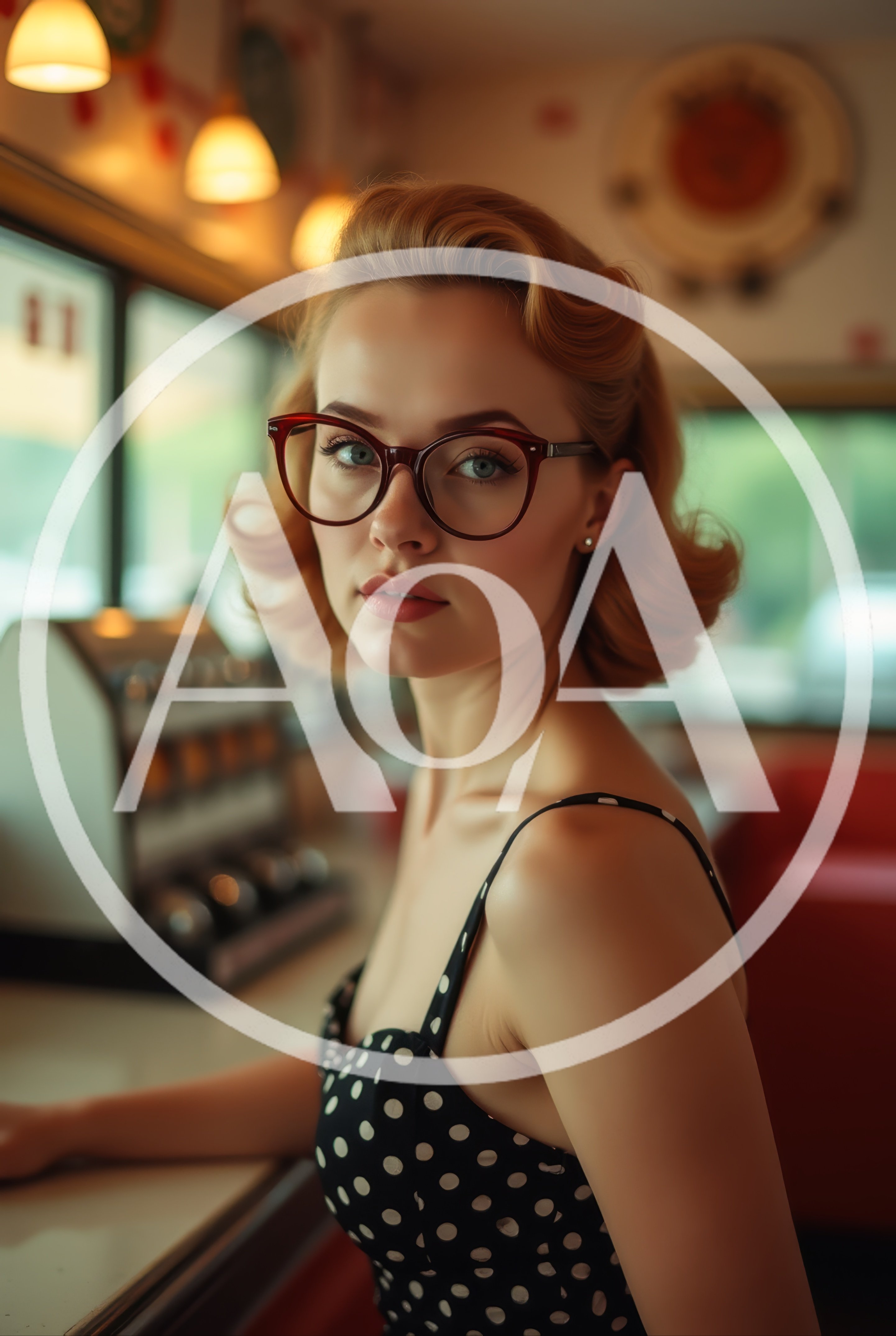 Young Woman With Vintage Hairstyle Sitting In A Diner