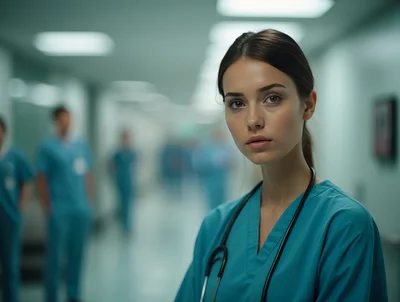 Young Female Nurse Standing In Hospital Corridor