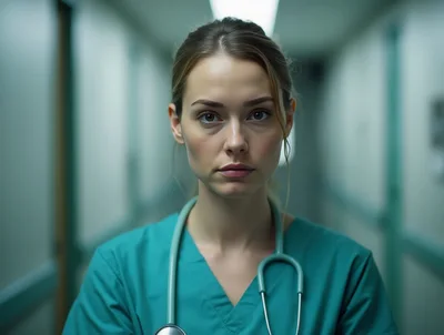 Portrait Of A Serious Female Nurse In Hospital Corridor