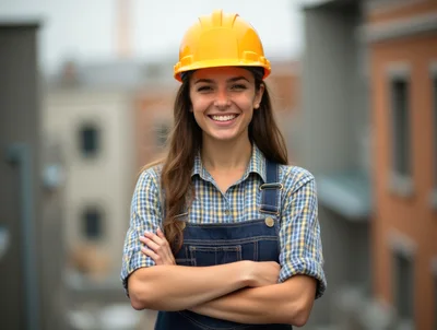 Smiling Female Construction Worker Wearing Hard Hat