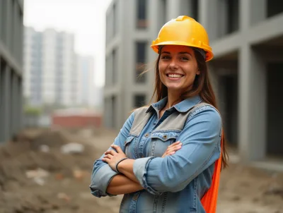 Smiling Female Construction Worker Standing At Building Site