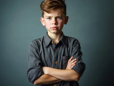 Portrait Of A Serious Young Boy With Crossed Arms