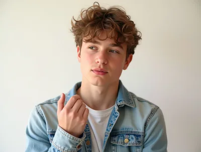 Young Man With Curly Hair Posing In Denim Jacket
