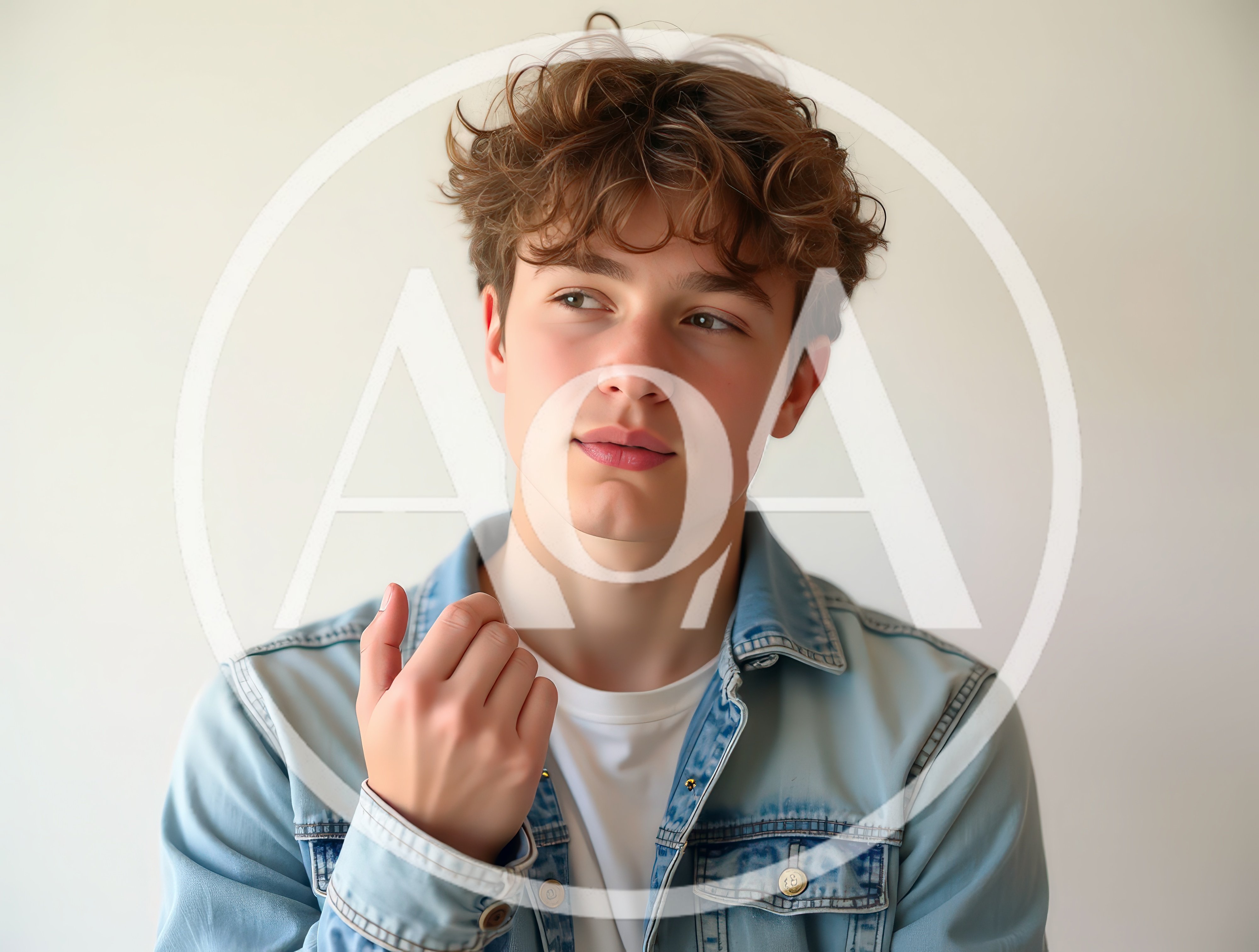 Young Man With Curly Hair Posing In Denim Jacket