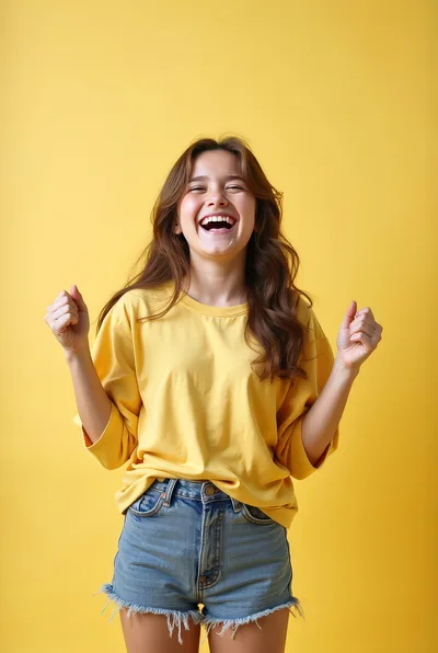 Excited Young Woman Celebrating Success Against Yellow Background