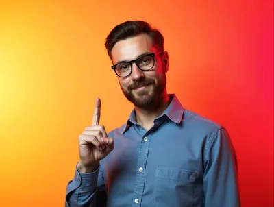 Young Man Pointing Up Against Gradient Background