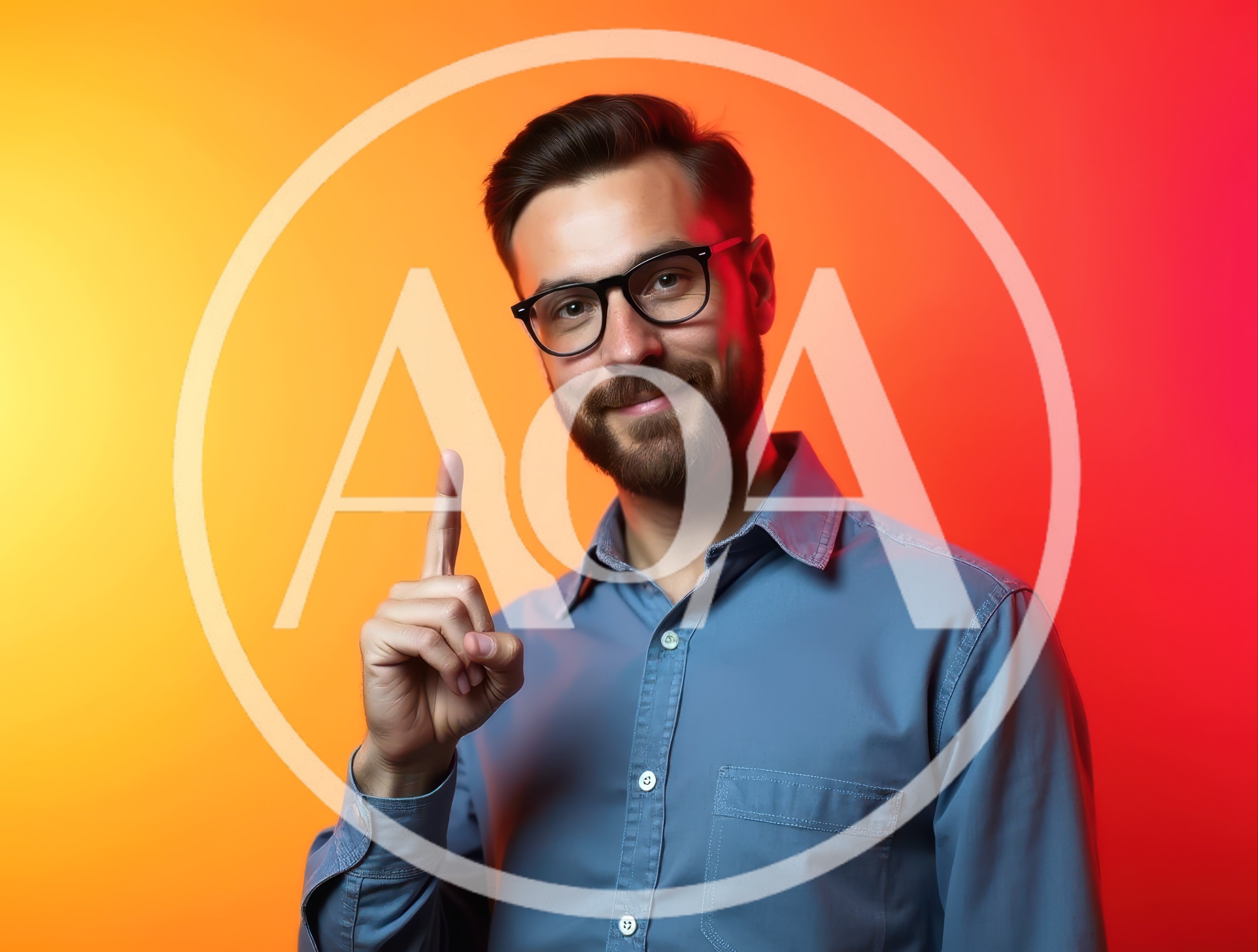 Young Man Pointing Up Against Gradient Background
