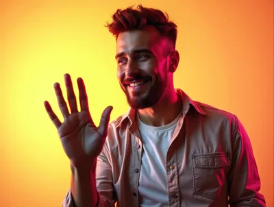 Young Man Waving Hello Against Vibrant Gradient Background