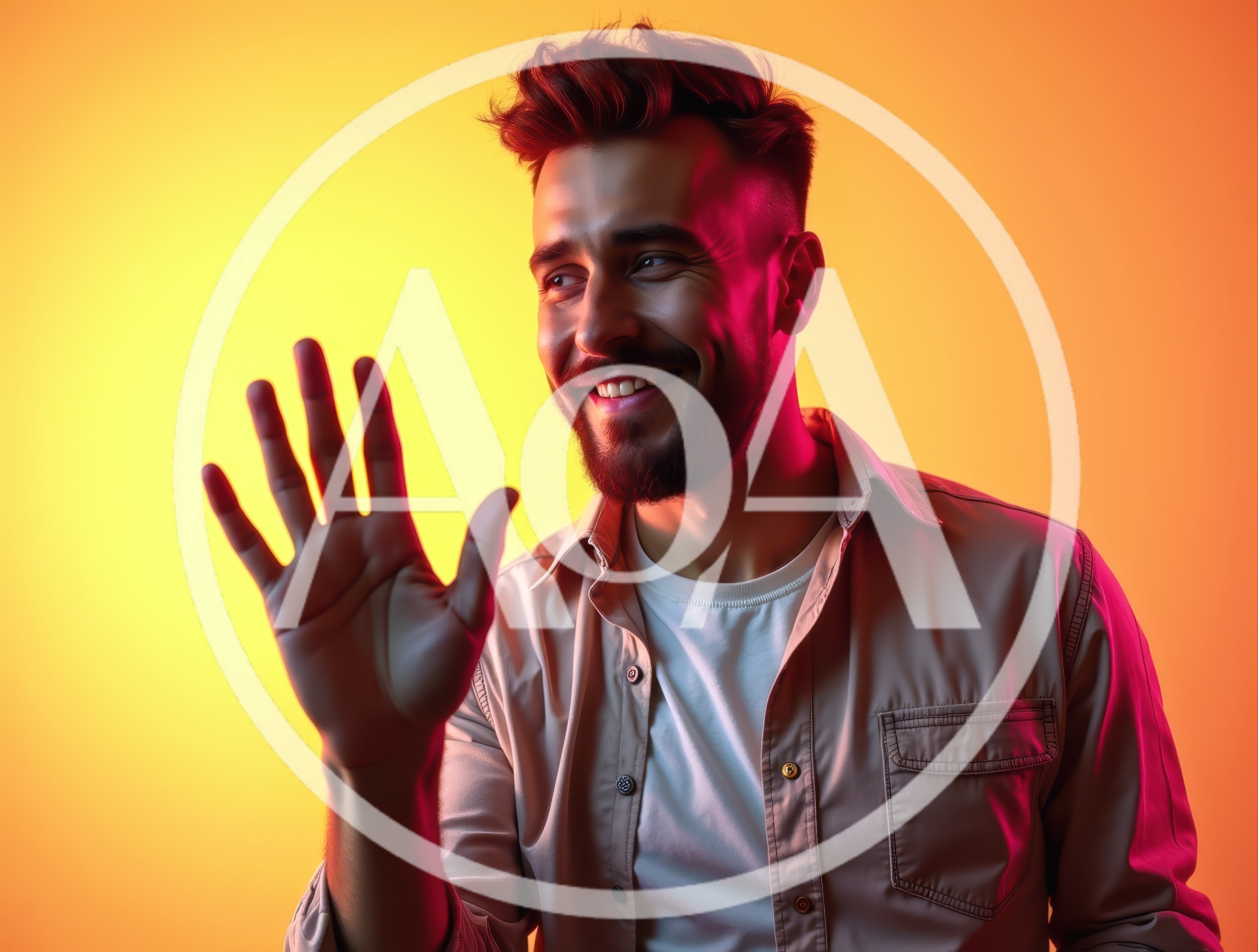 Young Man Waving Hello Against Vibrant Gradient Background