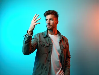 Young Man Gesturing With Hand In Studio Lighting