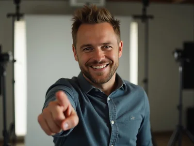 Smiling Man Pointing Directly At Camera In Studio