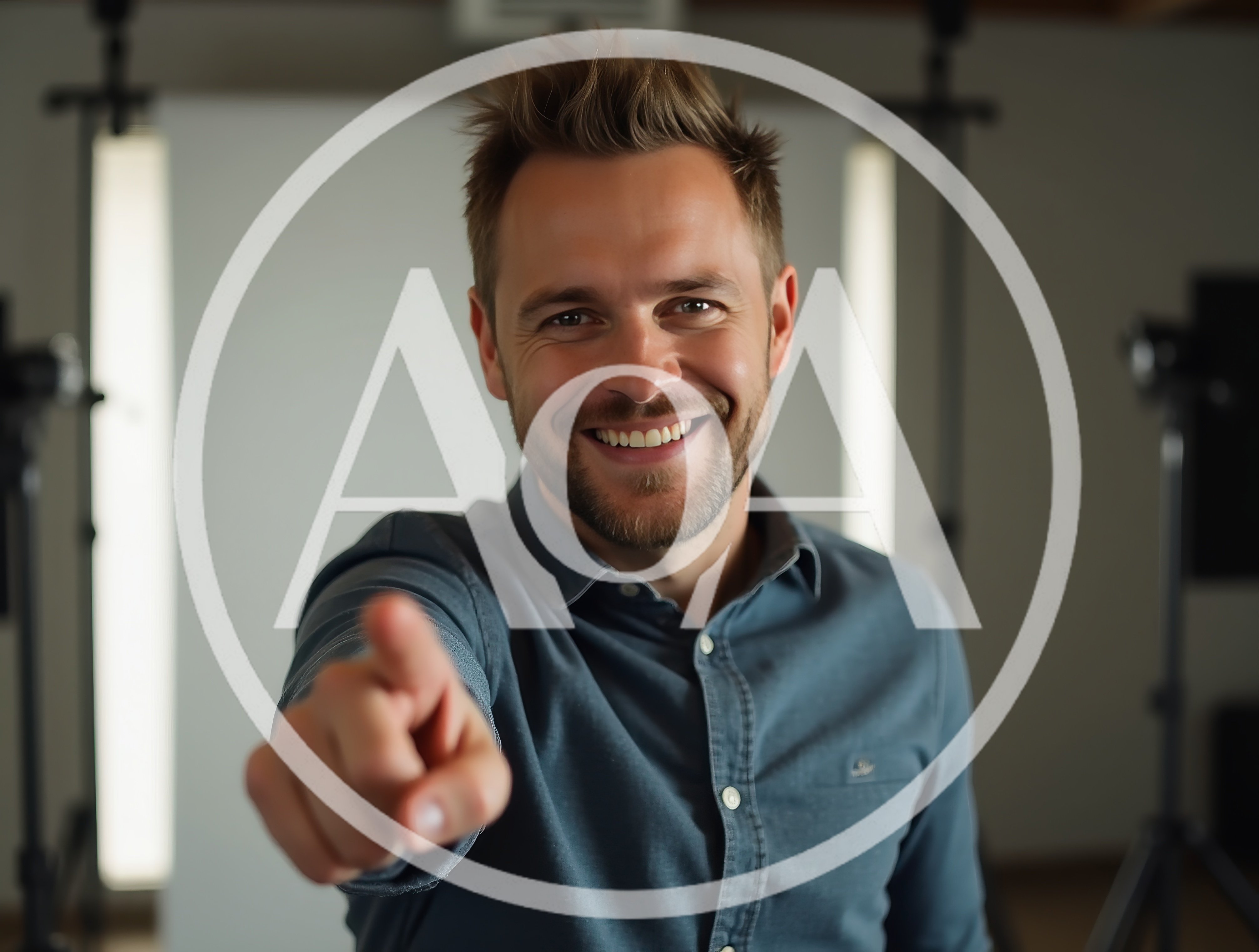 Smiling Man Pointing Directly At Camera In Studio