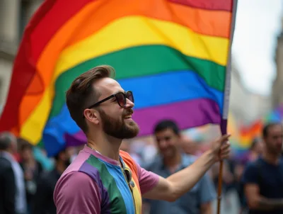 Young Man Holding Pride Flag At Parade