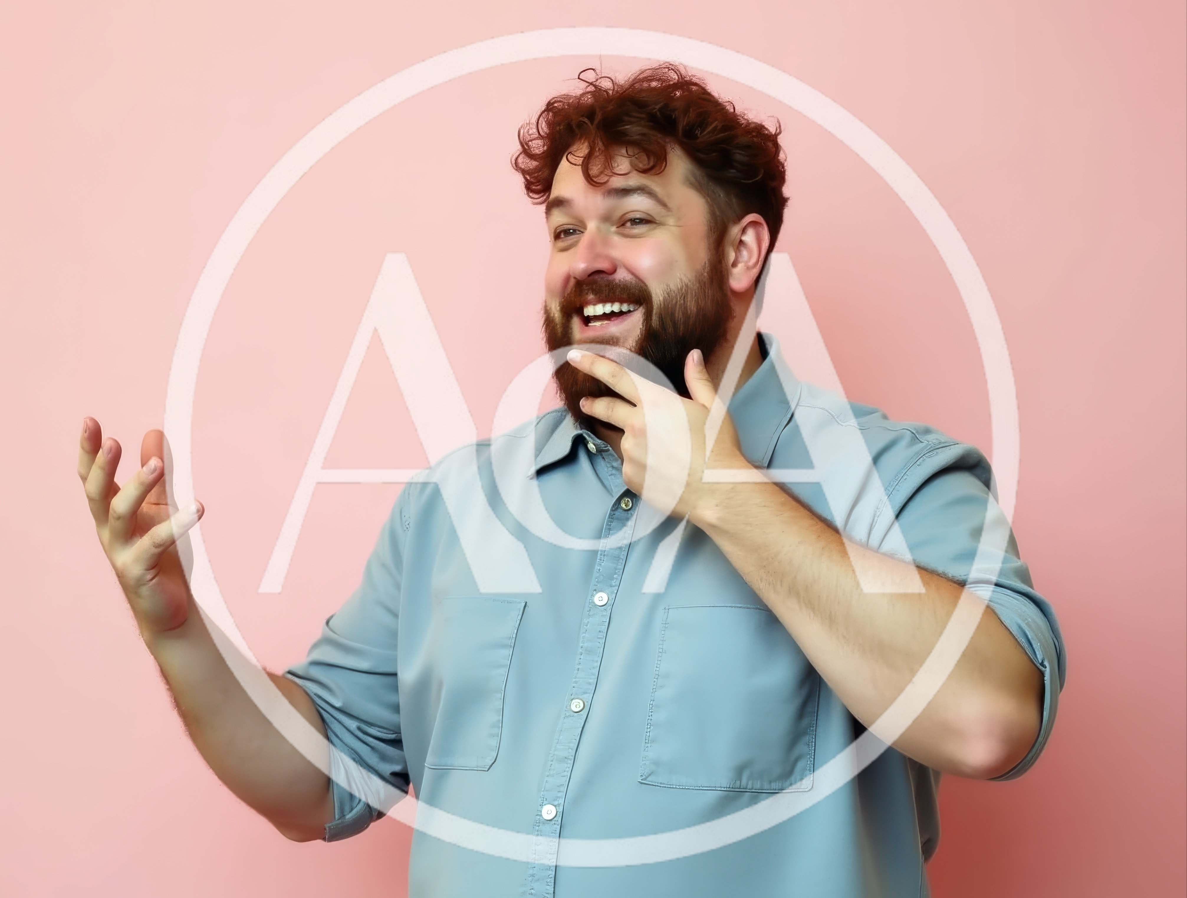 Happy Man Gesturing With Hands Against Pink Background