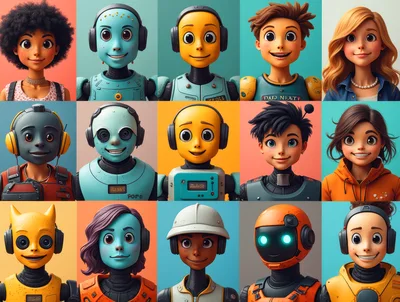 Grid Of Diverse Cartoon Robot And Human Character Portraits
