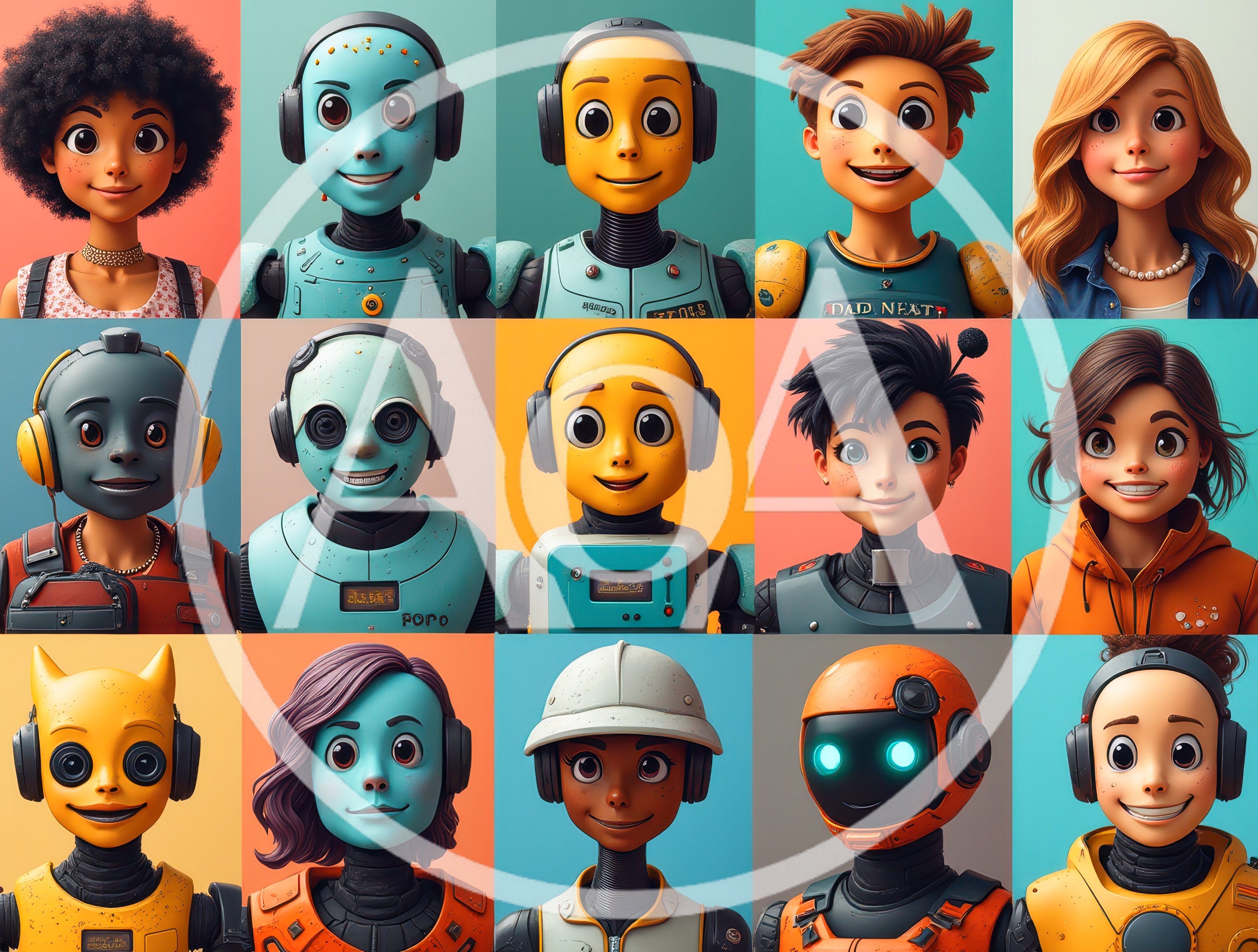 Grid Of Diverse Cartoon Robot And Human Character Portraits