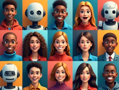 Diverse Grid Of Animated Human And Robot Portraits