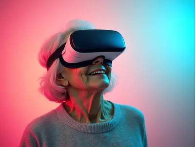 Elderly Woman Experiencing Virtual Reality Headset
