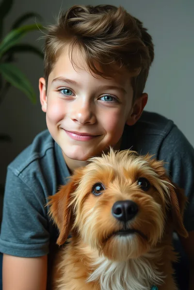 Young Boy Smiling With His Golden Doodle Puppy