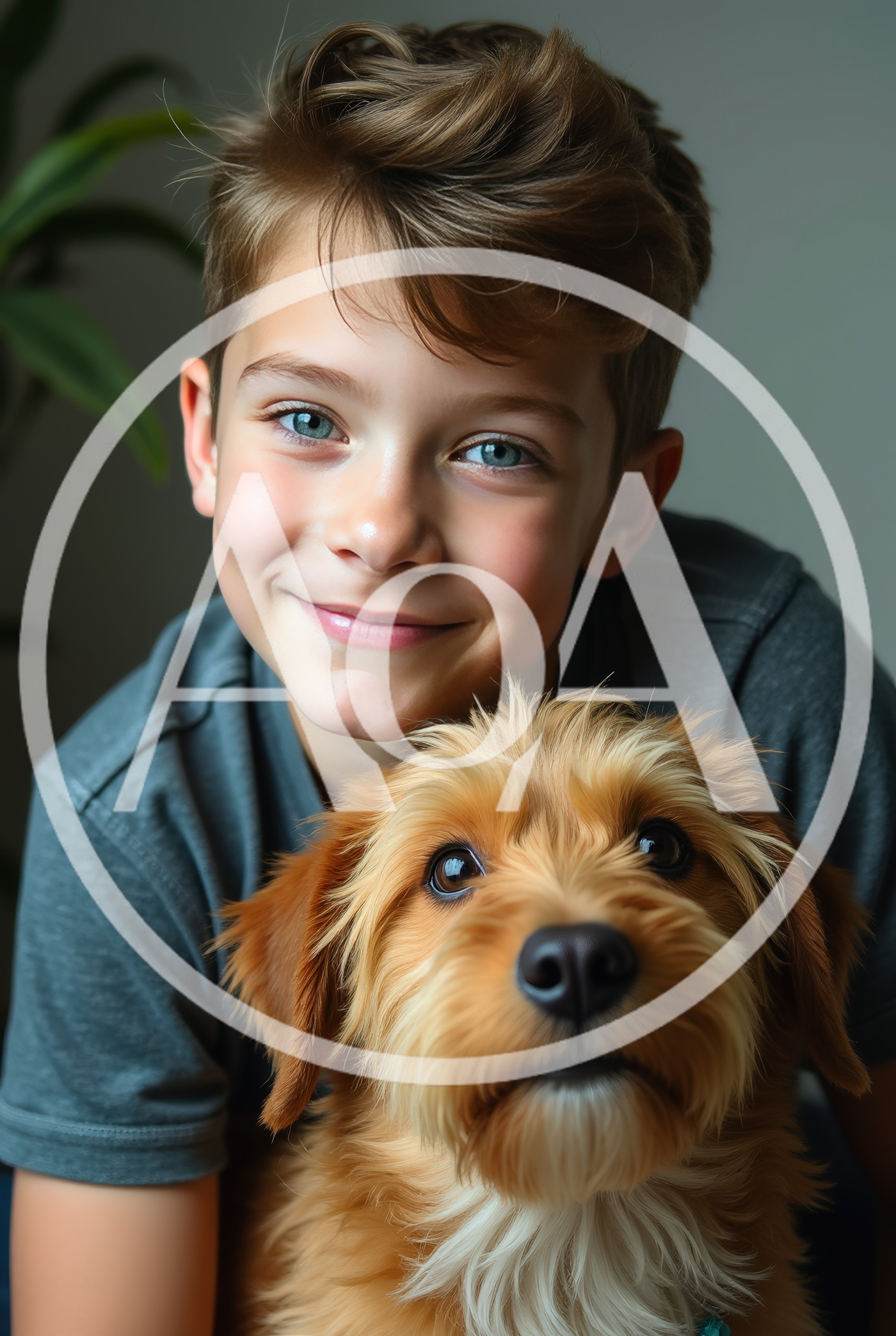 Young Boy Smiling With His Golden Doodle Puppy